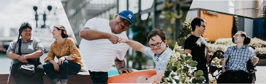 Three photos of pairs of people with a disability interacting with a person without a disability